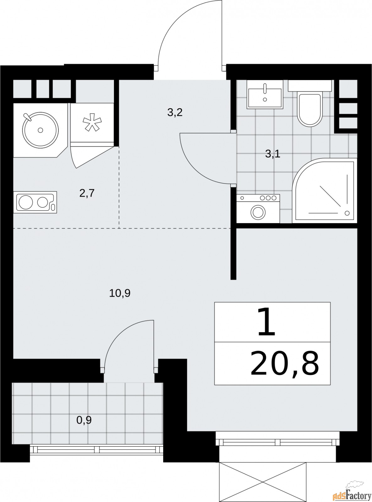 1 - комн.  квартира, 20.8 м², 9/9 эт.