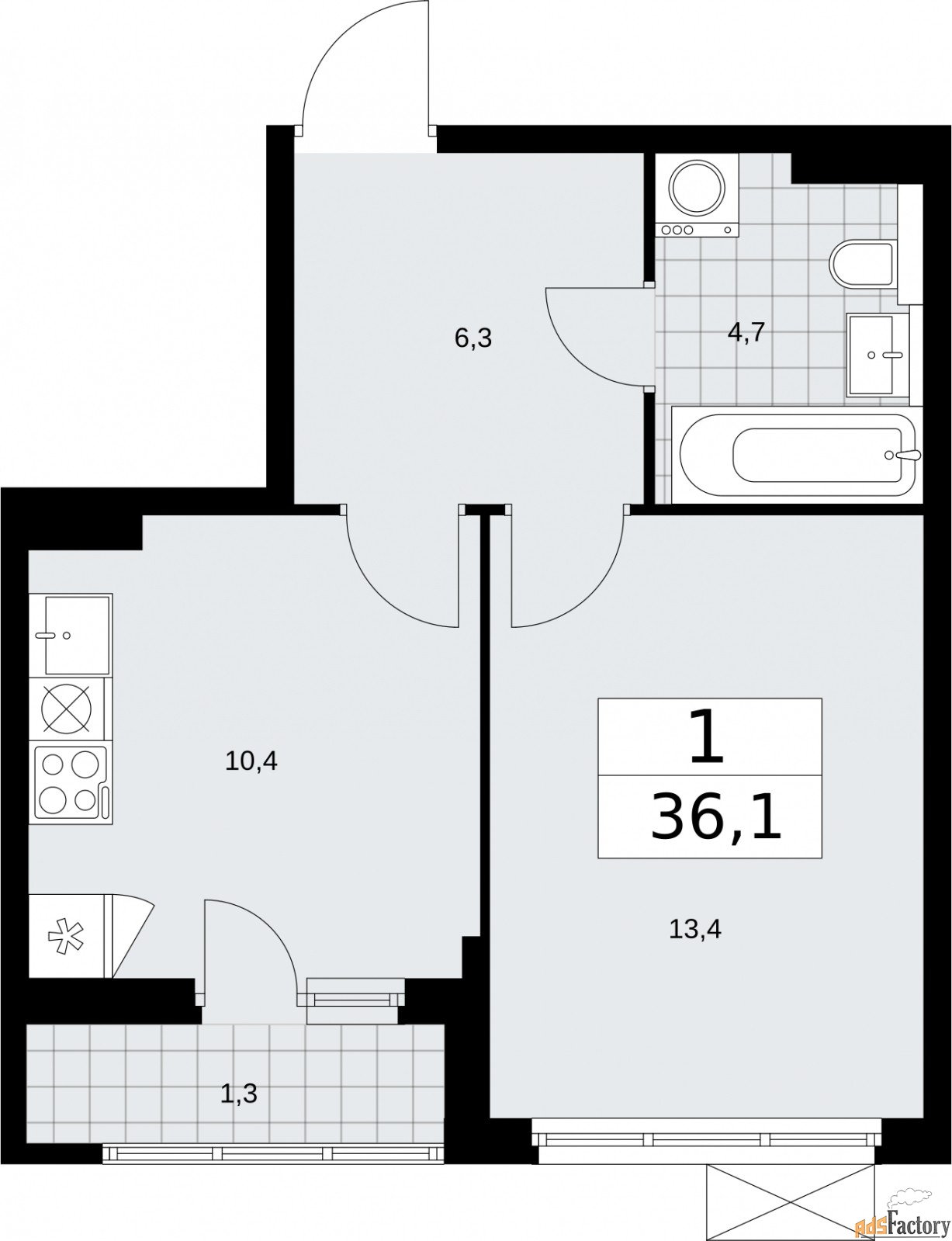 1 - комн.  квартира, 36.1 м², 9/9 эт.