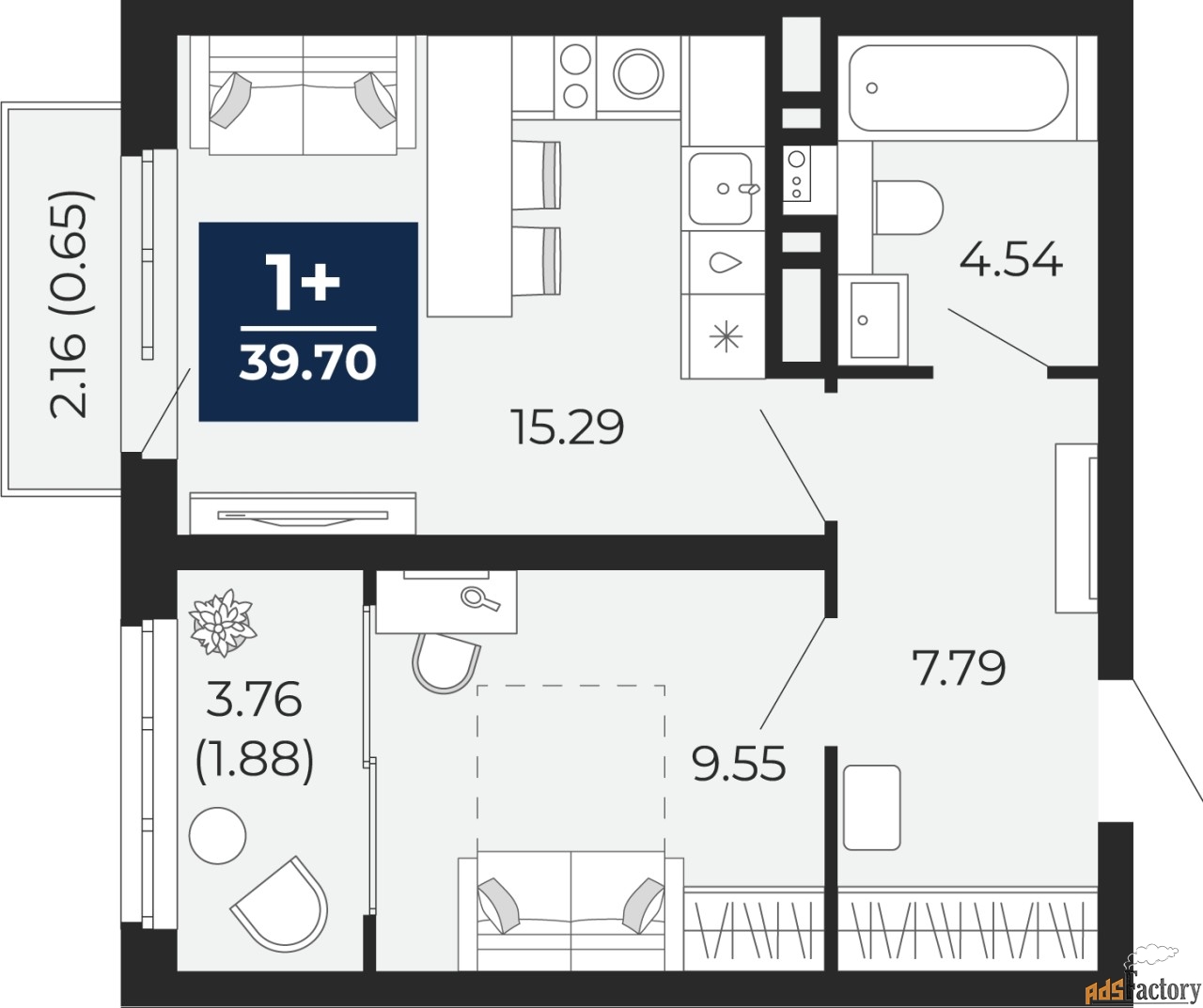 1 - комн.  квартира, 39.7 м², 15/17 эт.