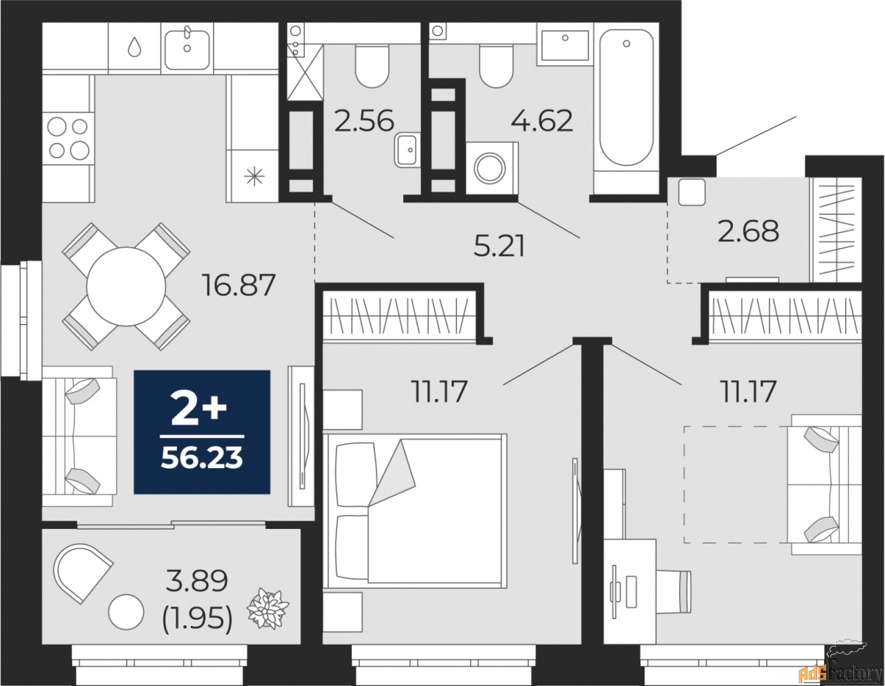 2 - комн.  квартира, 56.23 м², 8/22 эт.