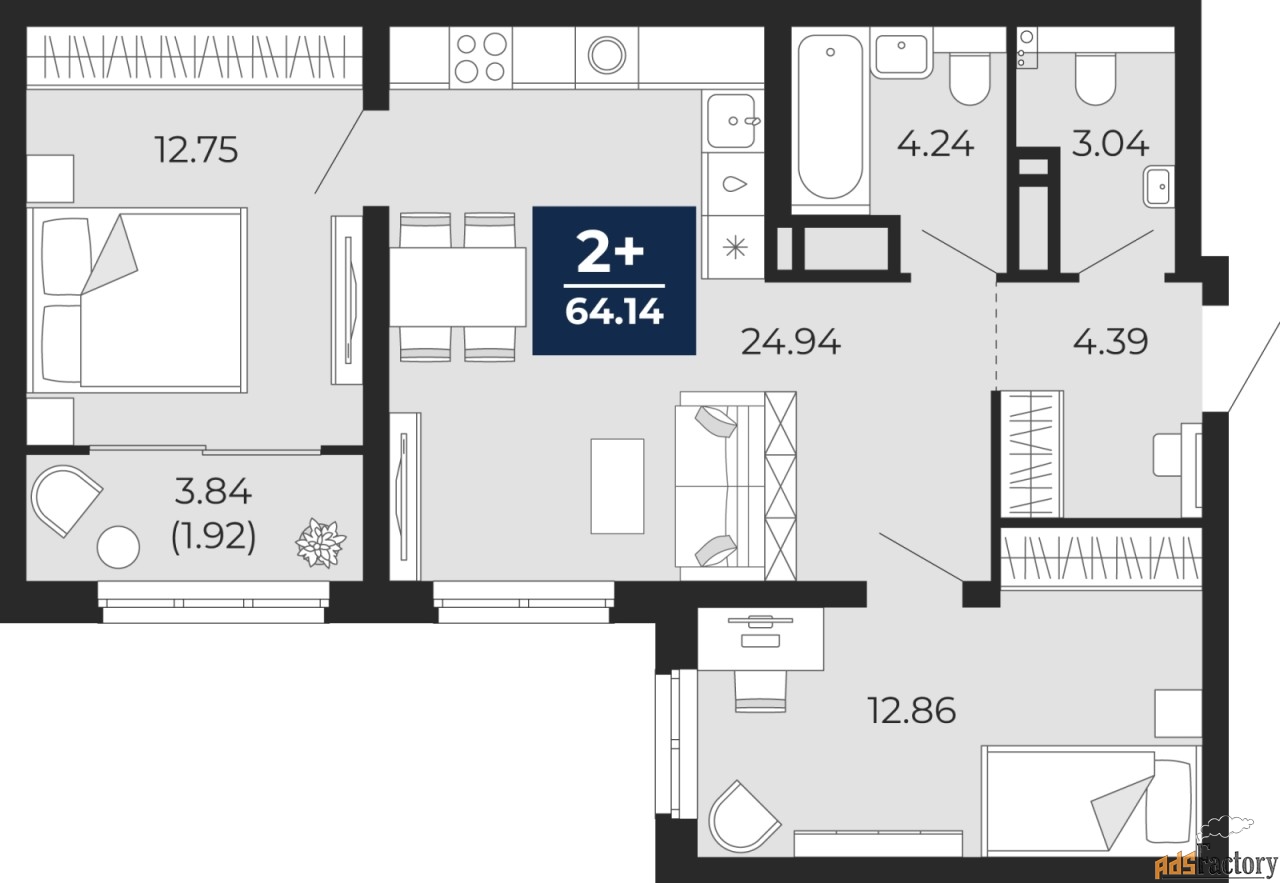 2 - комн.  квартира, 64.14 м², 18/22 эт.
