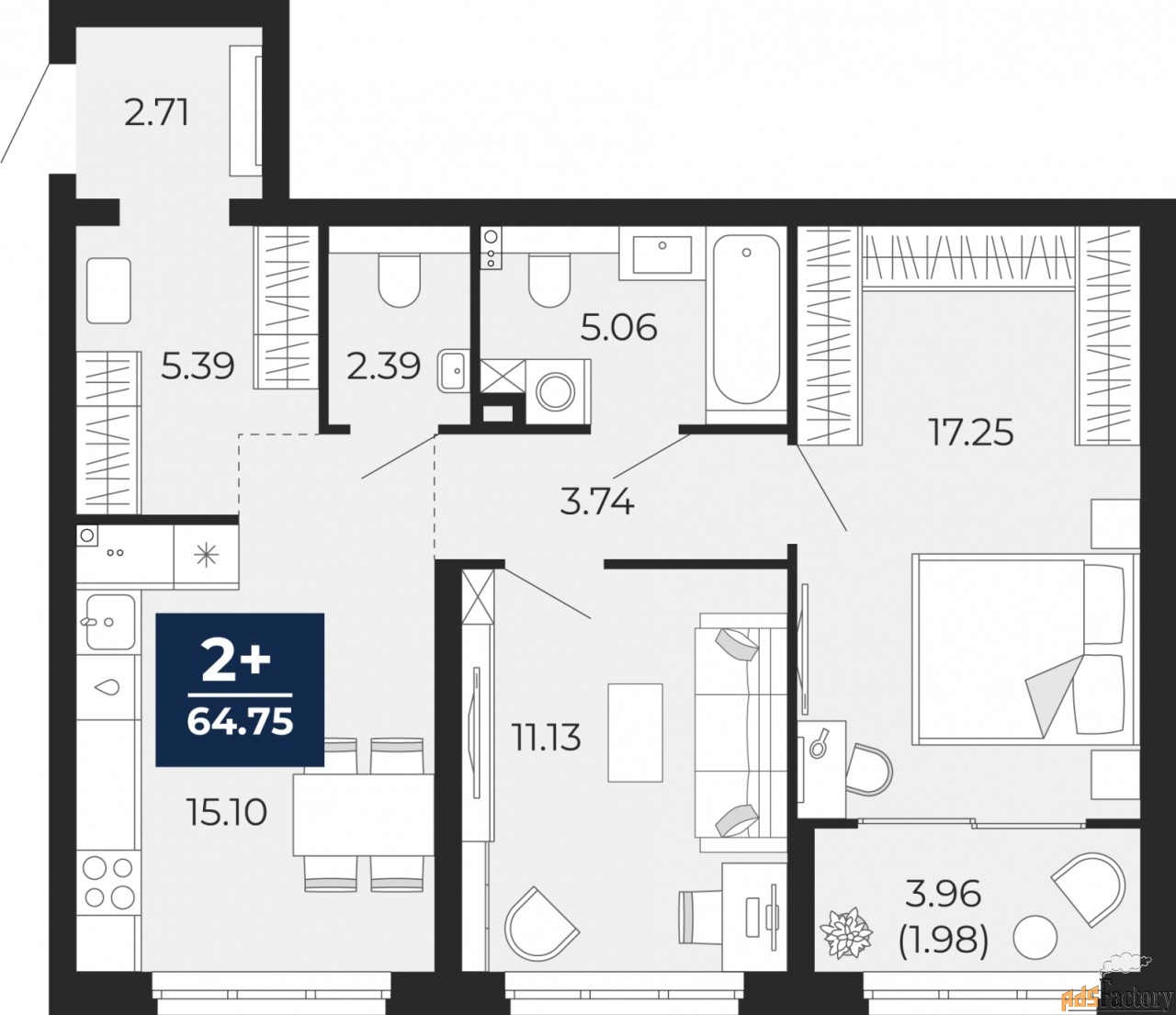 2 - комн.  квартира, 64.75 м², 1/14 эт.
