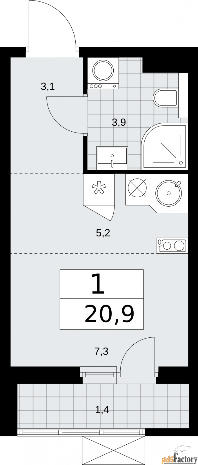 1 - комн.  квартира, 20.9 м², 9/9 эт.