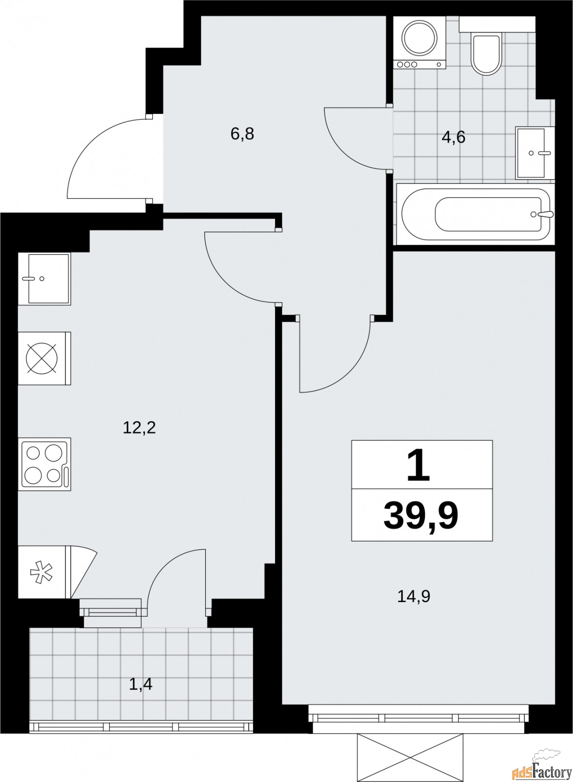 1 - комн.  квартира, 39.9 м², 18/19 эт.