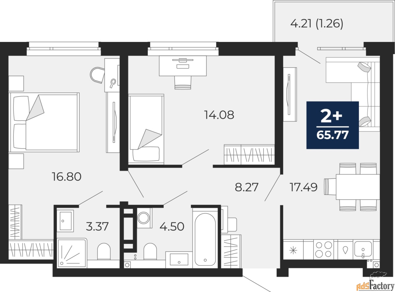 2 - комн.  квартира, 65.77 м², 10/22 эт.