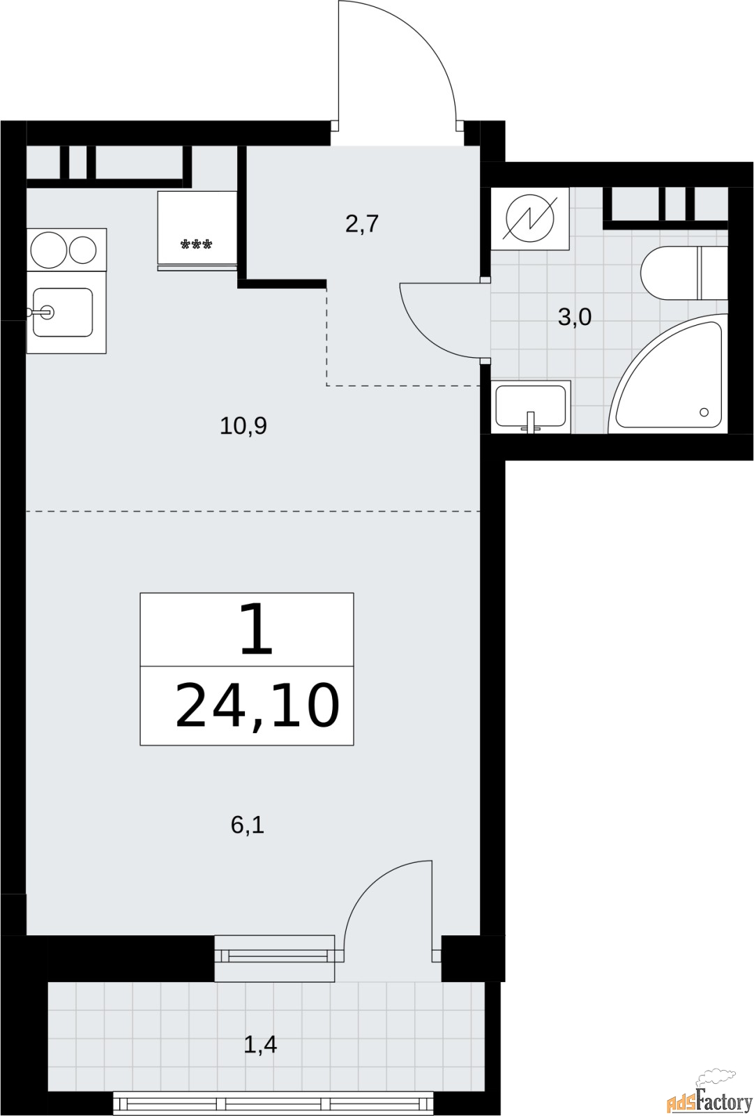1 - комн.  квартира, 24.1 м², 10/10 эт.