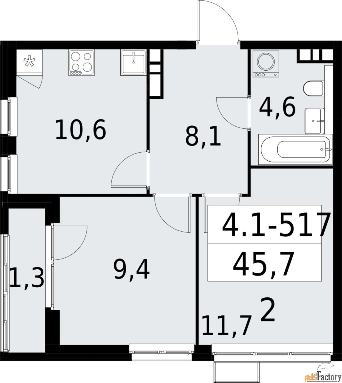 2 - комн.  квартира, 45.7 м², 19/22 эт.