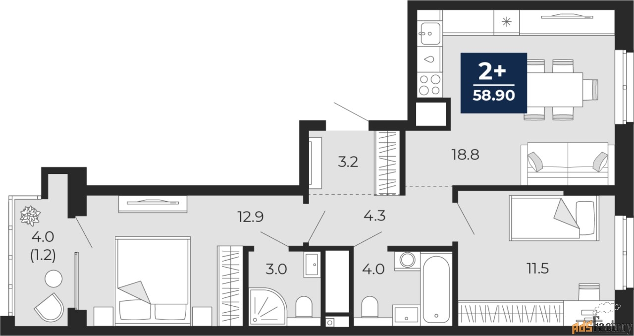 2 - комн.  квартира, 58.9 м², 9/16 эт.
