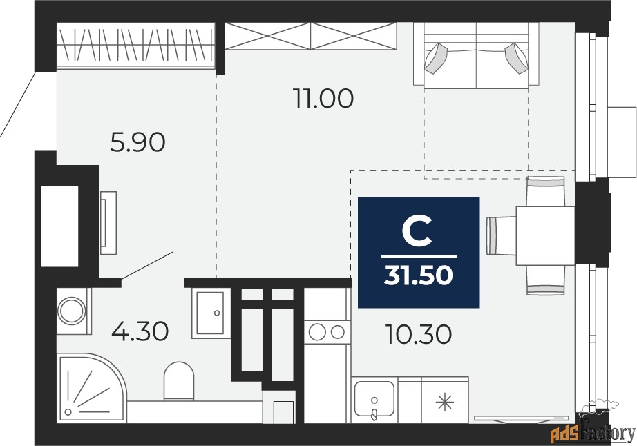 1 - комн.  квартира, 31.5 м², 20/24 эт.