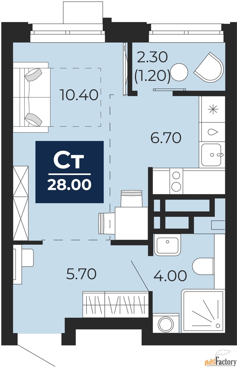 1 - комн.  квартира, 28 м², 4/24 эт.