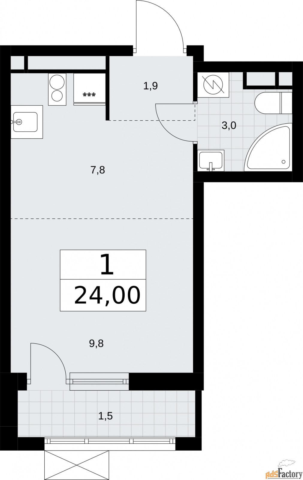 1 - комн.  квартира, 24 м², 8/9 эт.