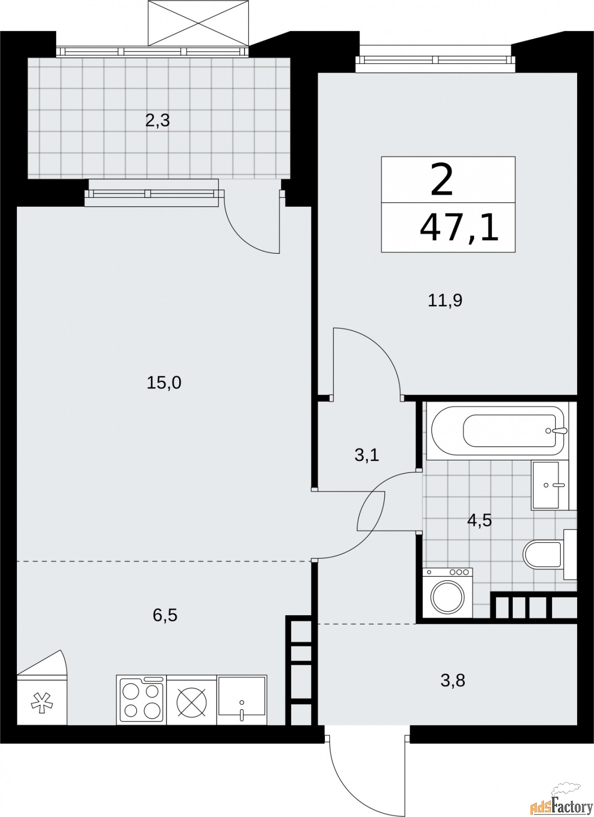2 - комн.  квартира, 47.1 м², 17/22 эт.