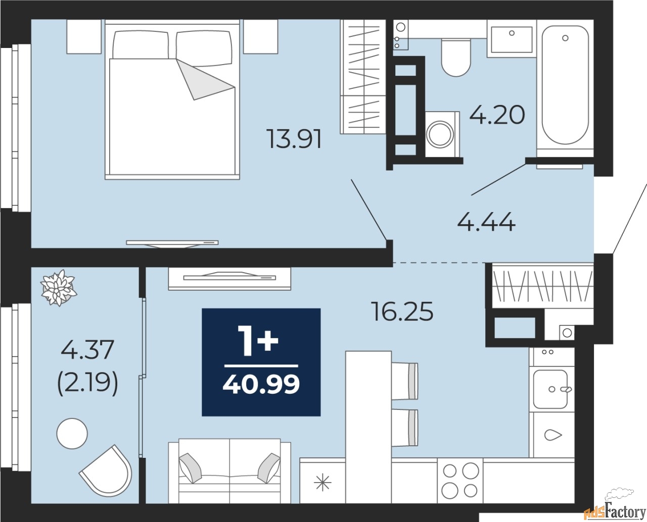 1 - комн.  квартира, 40.99 м², 20/21 эт.