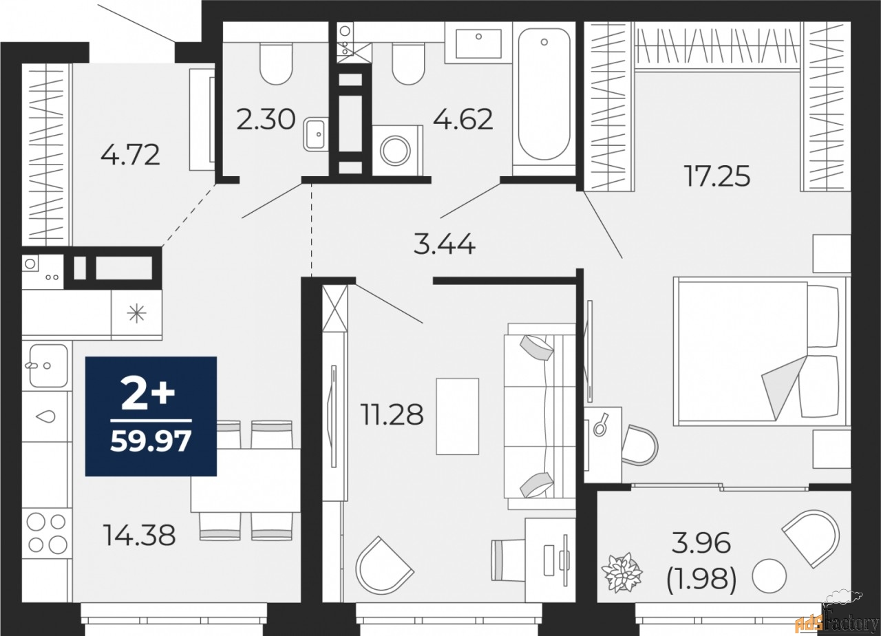 2 - комн.  квартира, 59.97 м², 11/14 эт.