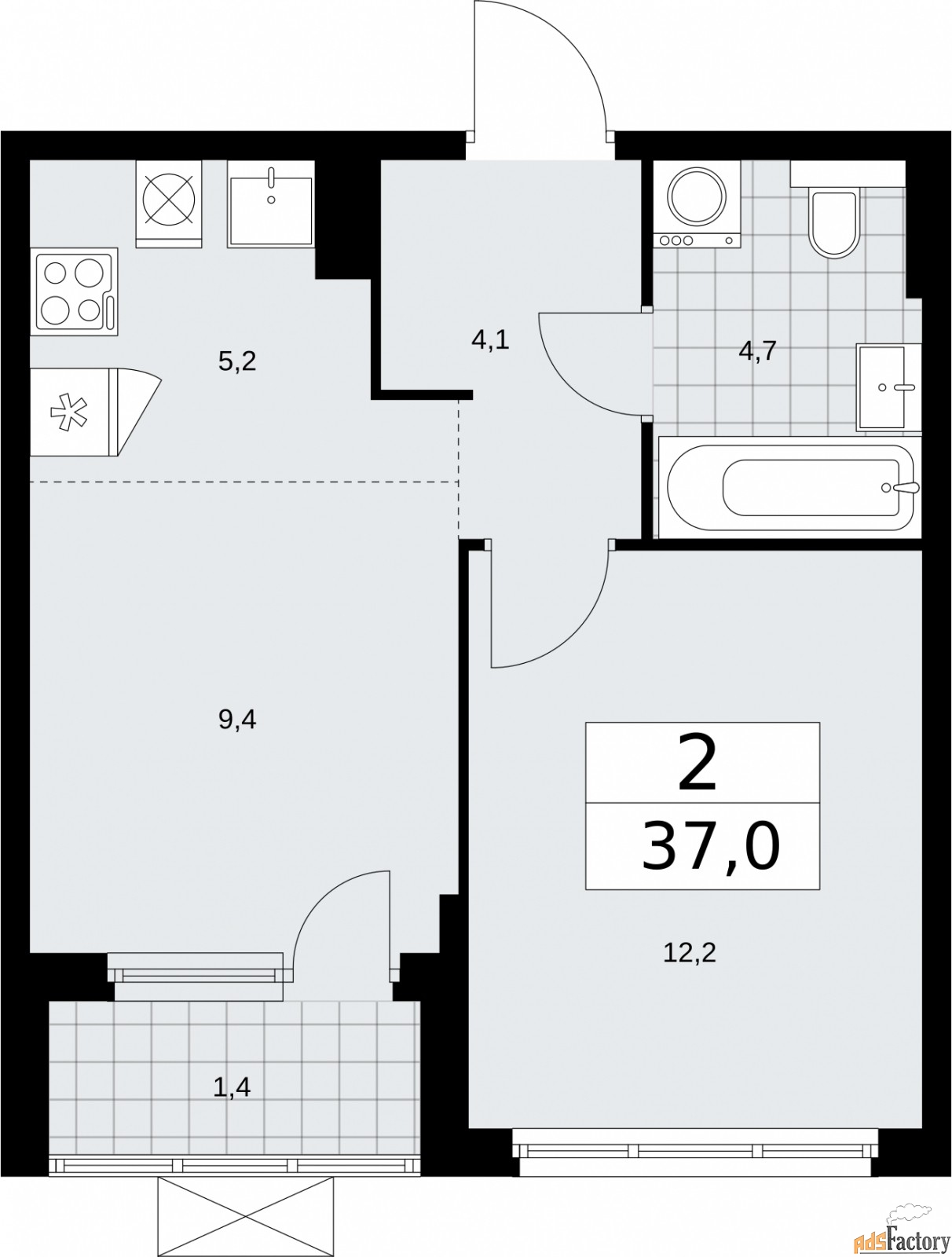 2 - комн.  квартира, 37 м², 19/19 эт.