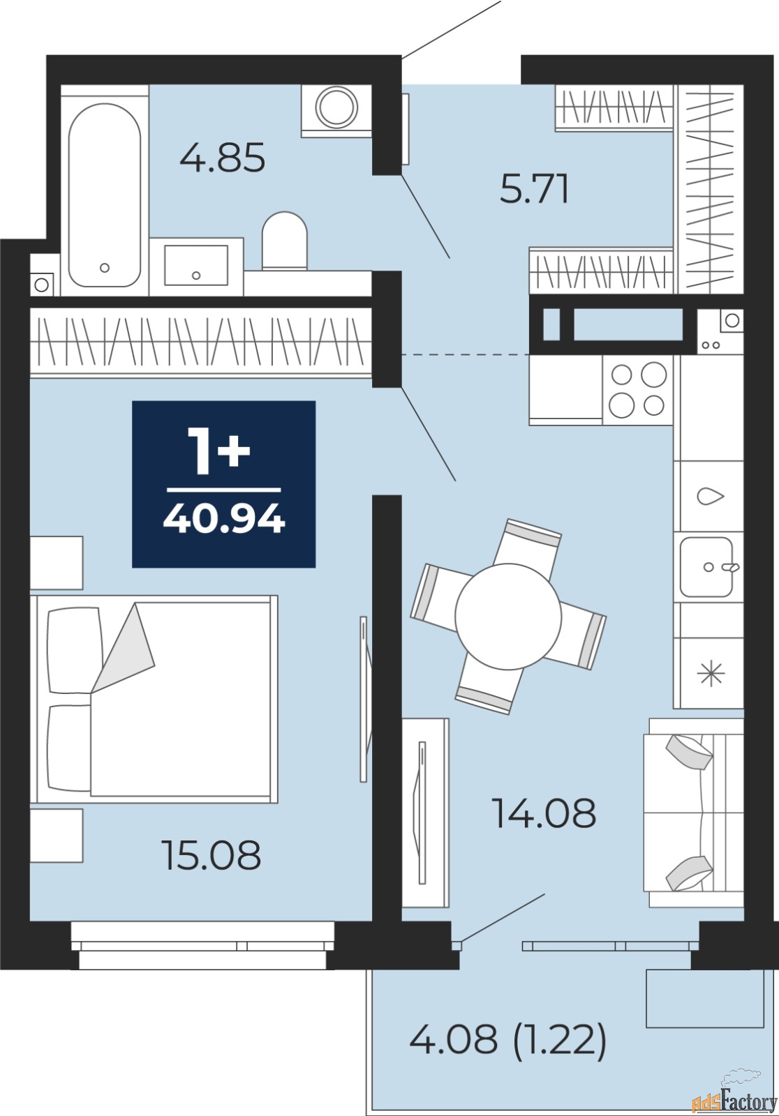1 - комн.  квартира, 40.94 м², 21/22 эт.