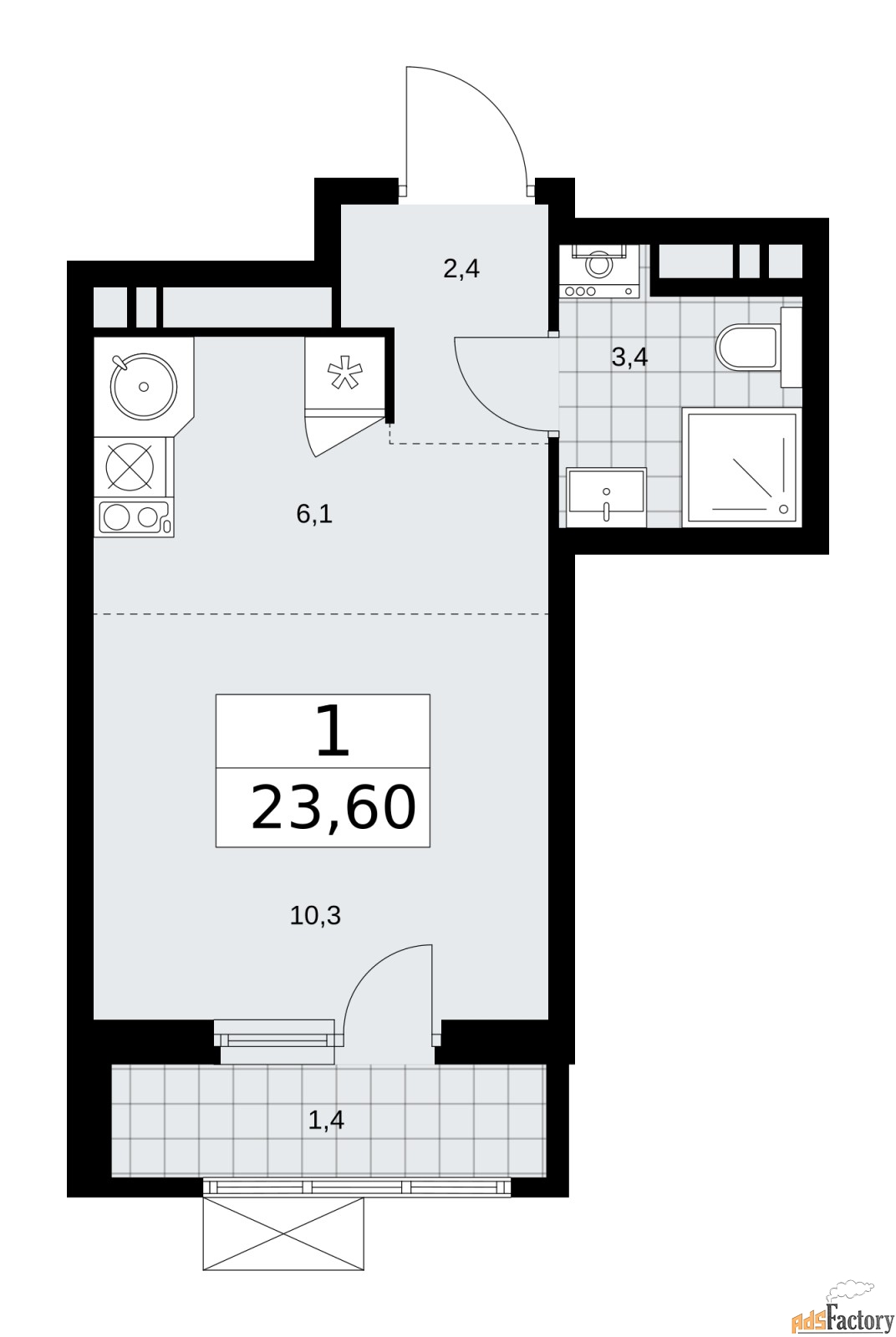 1 - комн. квартира, 23.6 м², 16/16 эт.
