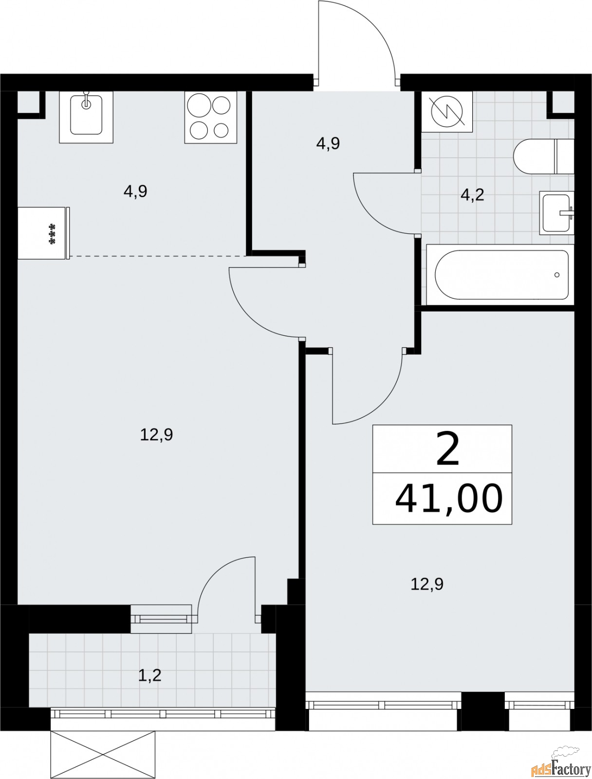 2 - комн.  квартира, 41 м², 2/9 эт.