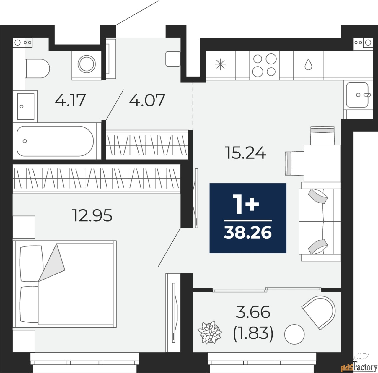 1 - комн.  квартира, 38.26 м², 12/16 эт.