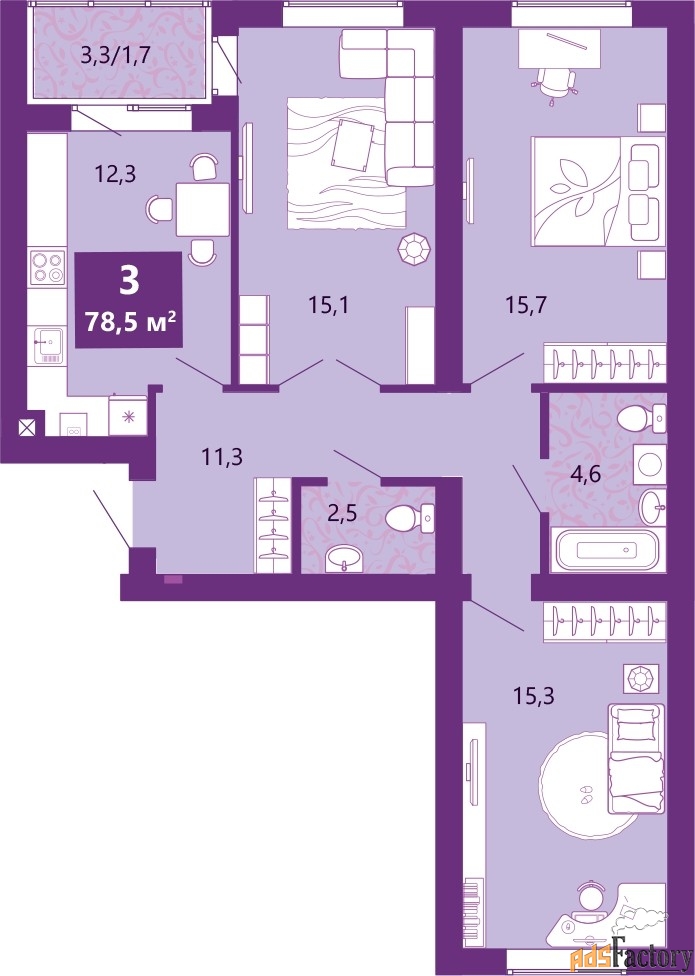 3 - комн.  квартира, 78.5 м², 2/4 эт.