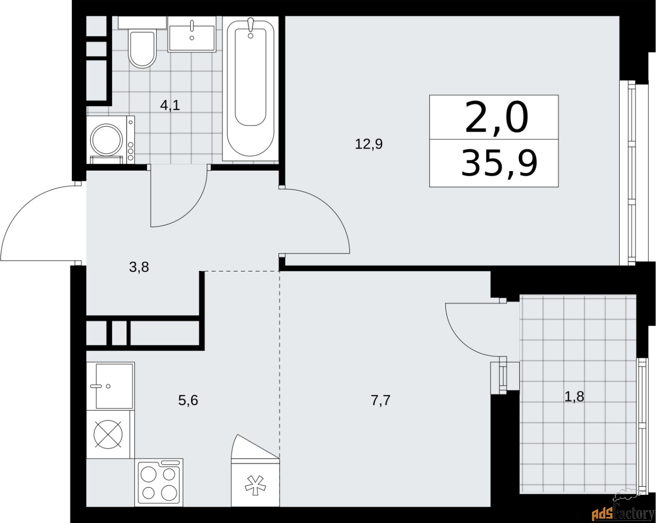 2 - комн.  квартира, 35.9 м², 14/16 эт.