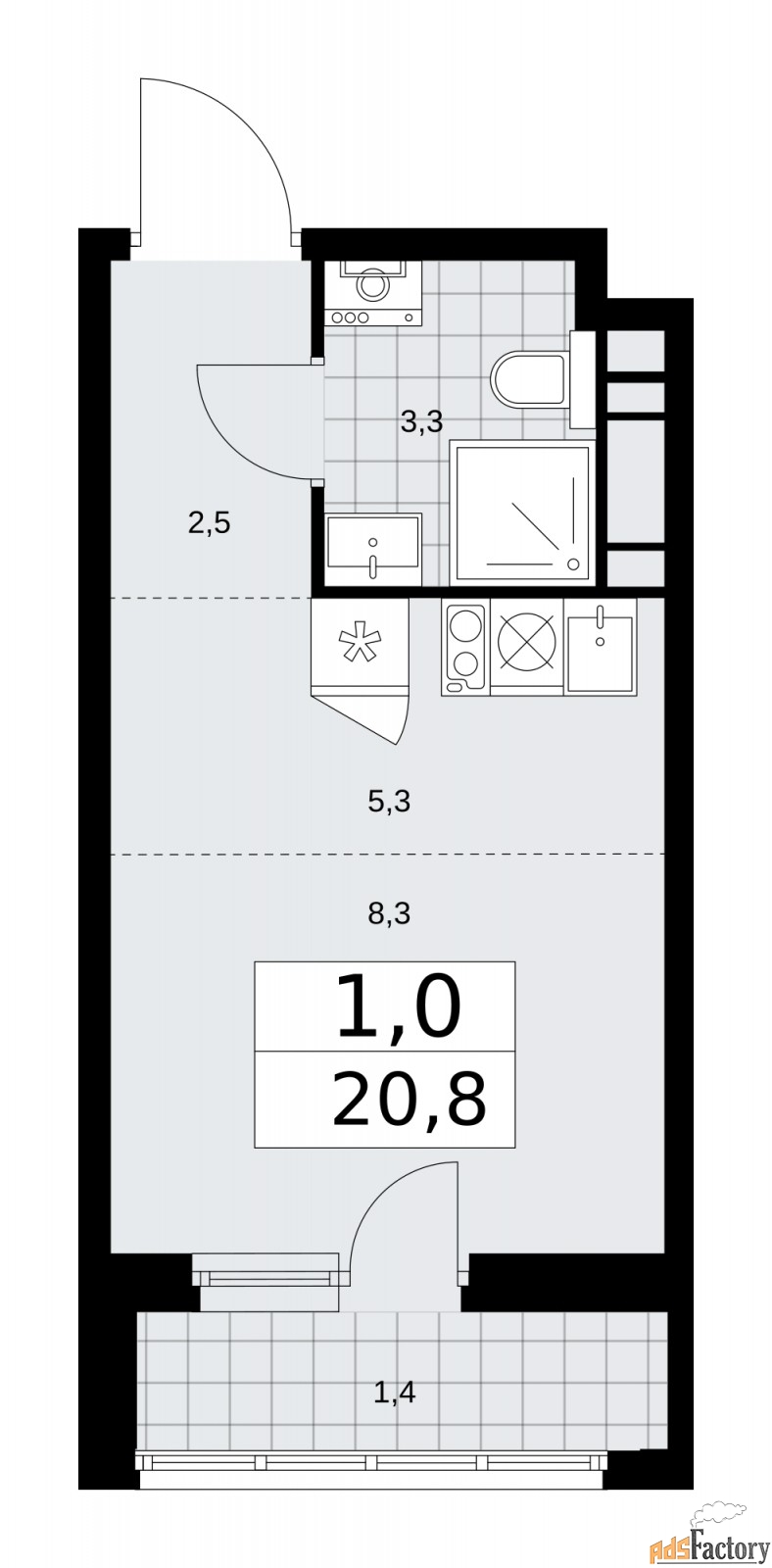 1 - комн.  квартира, 20.8 м², 10/12 эт.