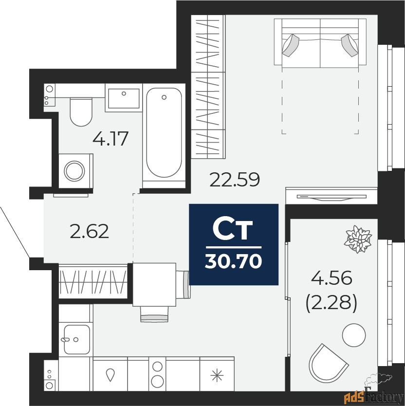 1 - комн.  квартира, 30.7 м², 5/21 эт.