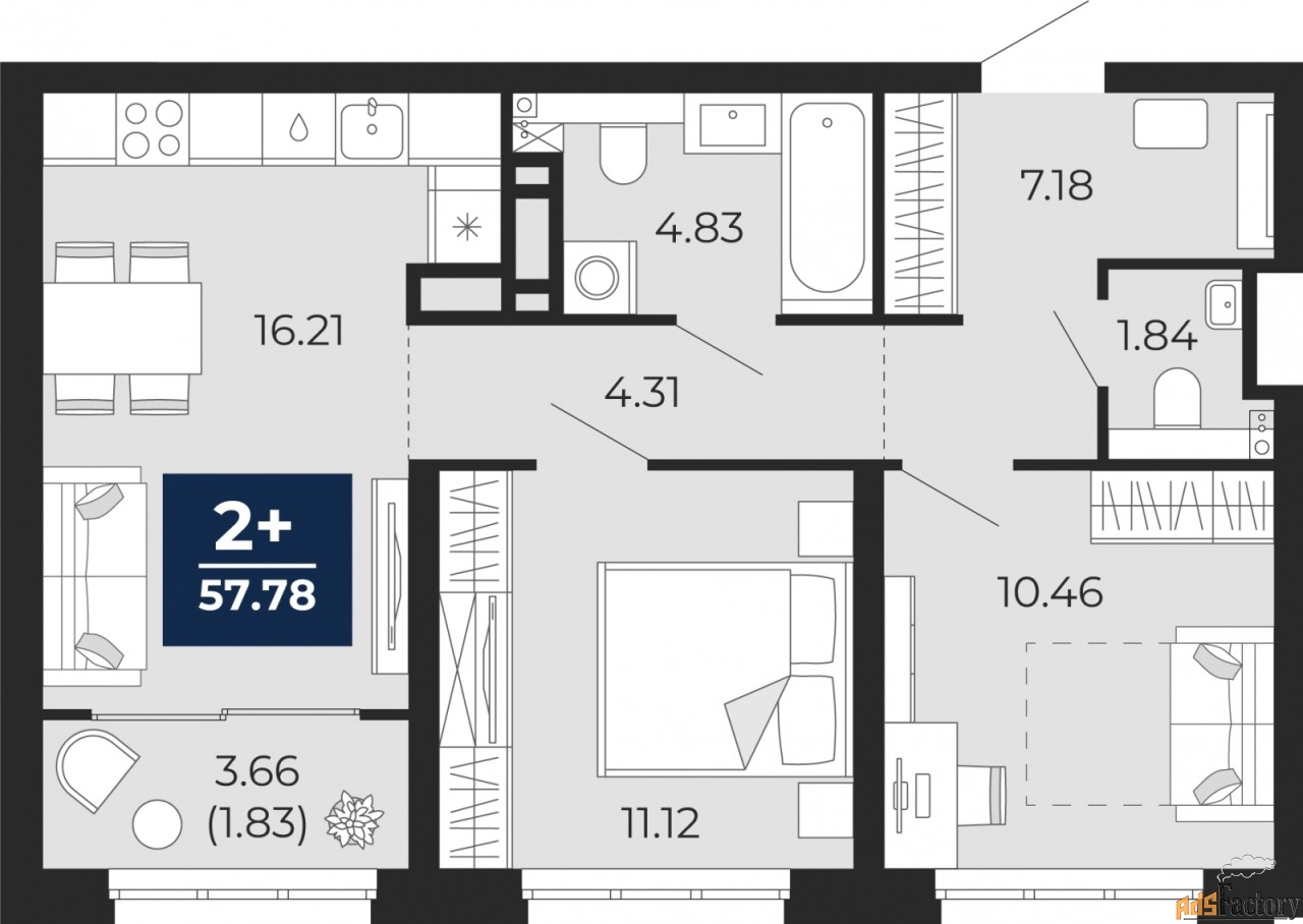 2 - комн.  квартира, 57.78 м², 5/16 эт.