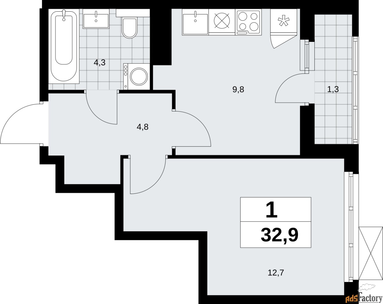 1 - комн.  квартира, 32.9 м², 12/17 эт.