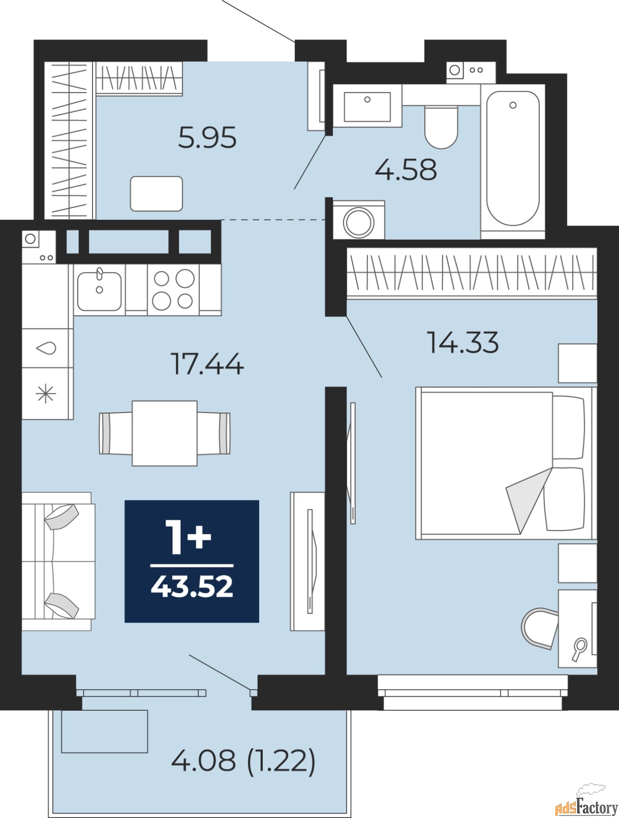1 - комн.  квартира, 43.52 м², 21/22 эт.