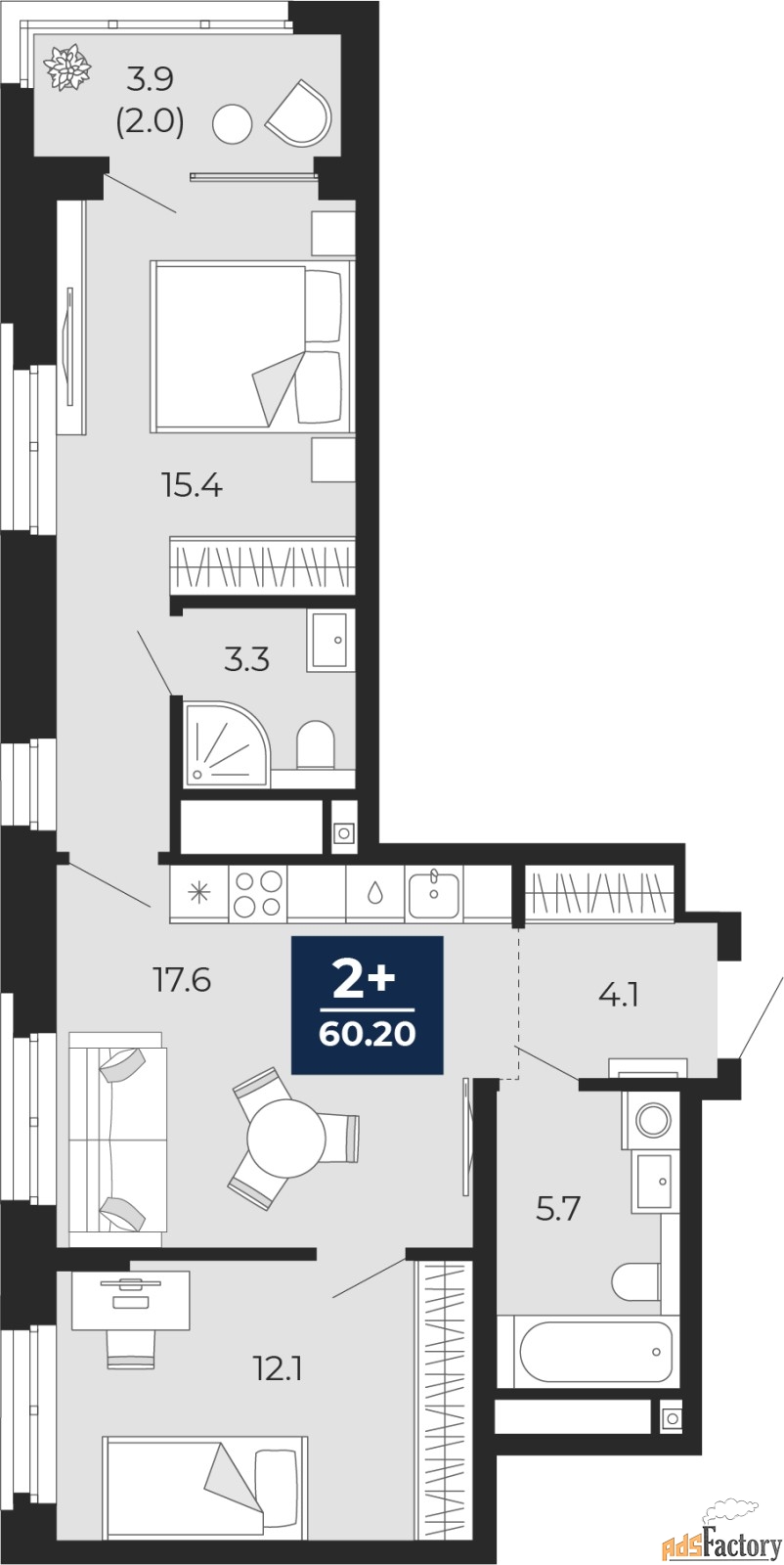 2 - комн.  квартира, 60.2 м², 9/16 эт.