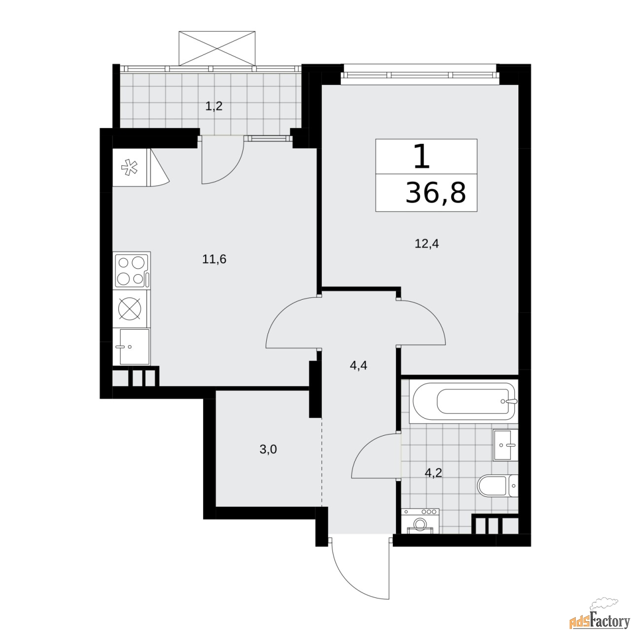 1 - комн. квартира, 36.8 м², 12/15 эт.