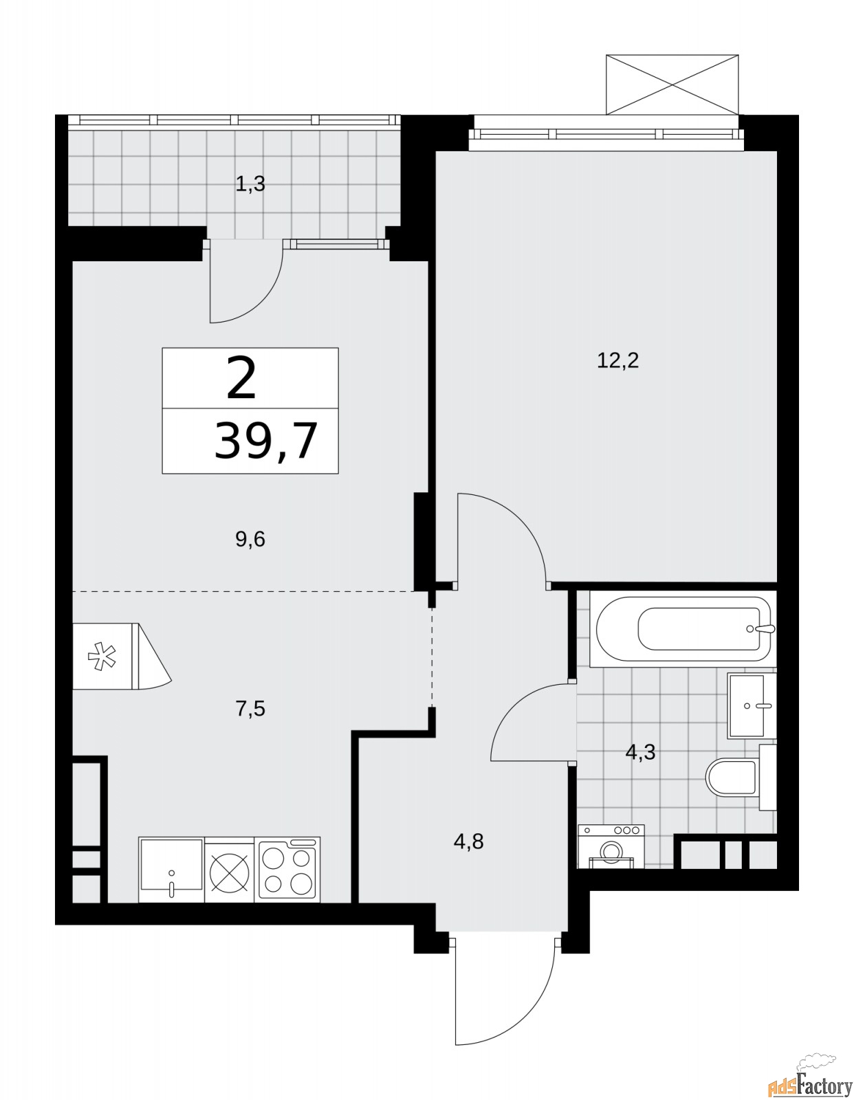 2 - комн. квартира, 39.7 м², 15/16 эт.