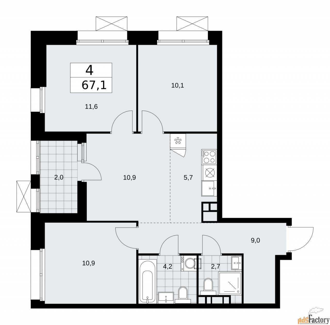 4 - комн. квартира, 67.1 м², 19/21 эт.
