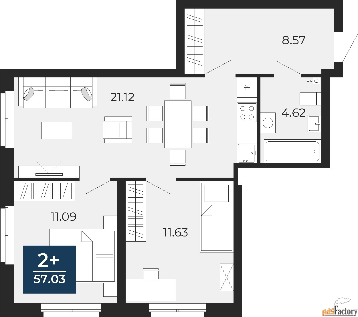 2 - комн. квартира, 57.03 м², 24/24 эт.