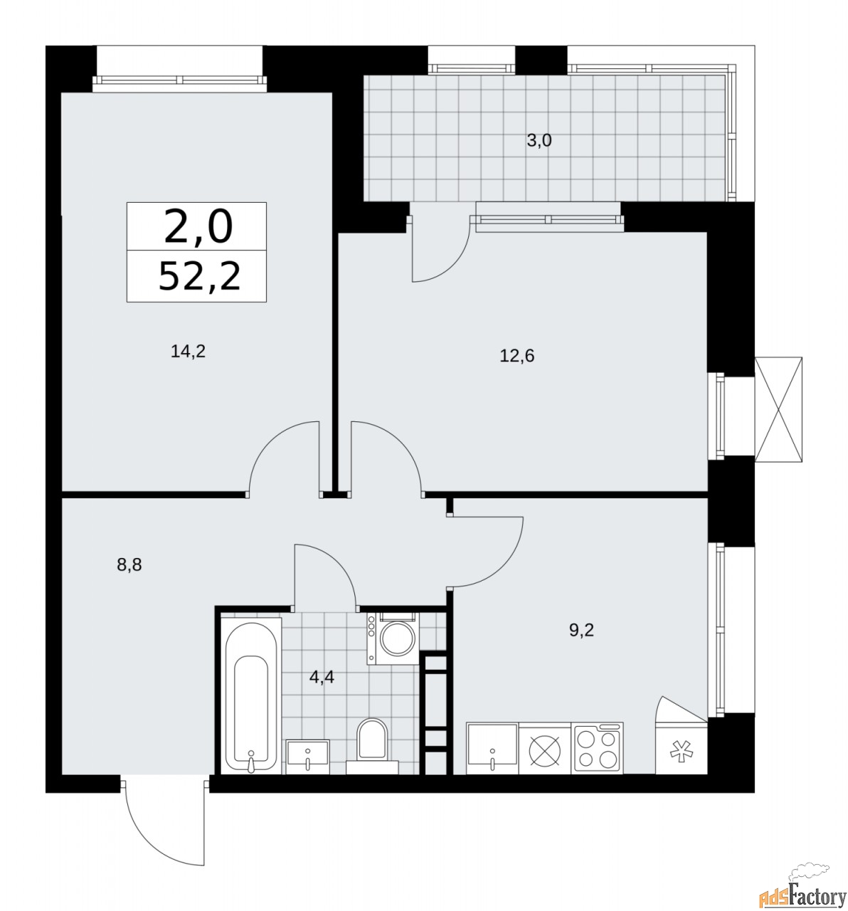 2 - комн. квартира, 52.2 м², 13/21 эт.