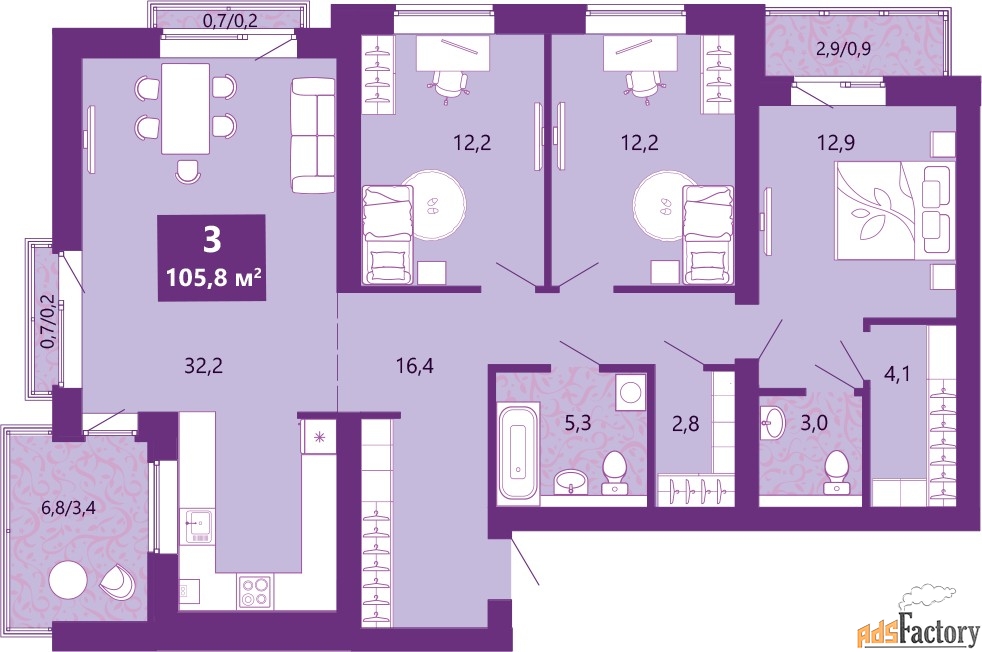3 - комн. квартира, 105.8 м², 2/4 эт.
