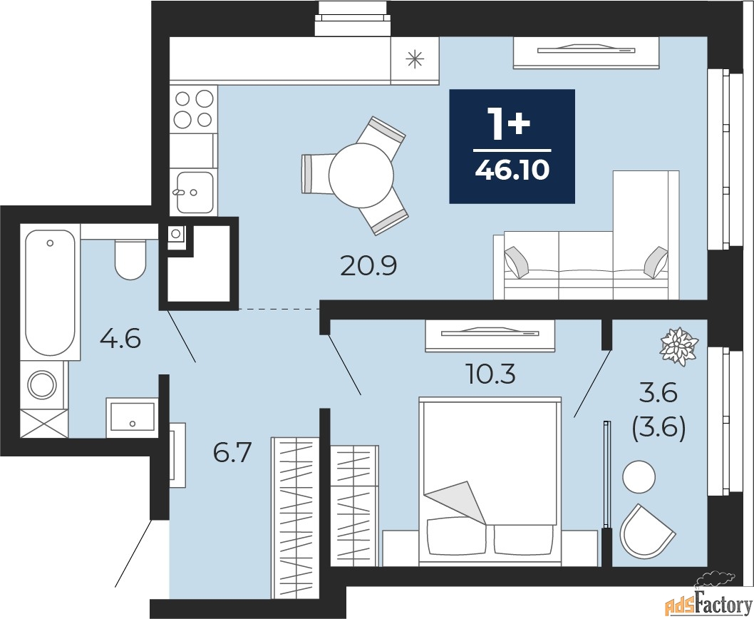 1 - комн.  квартира, 46.1 м², 2/14 эт.