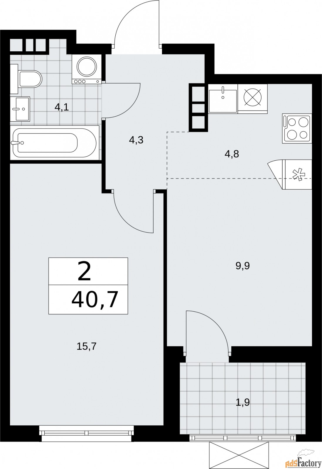 2 - комн.  квартира, 40.7 м², 12/19 эт.