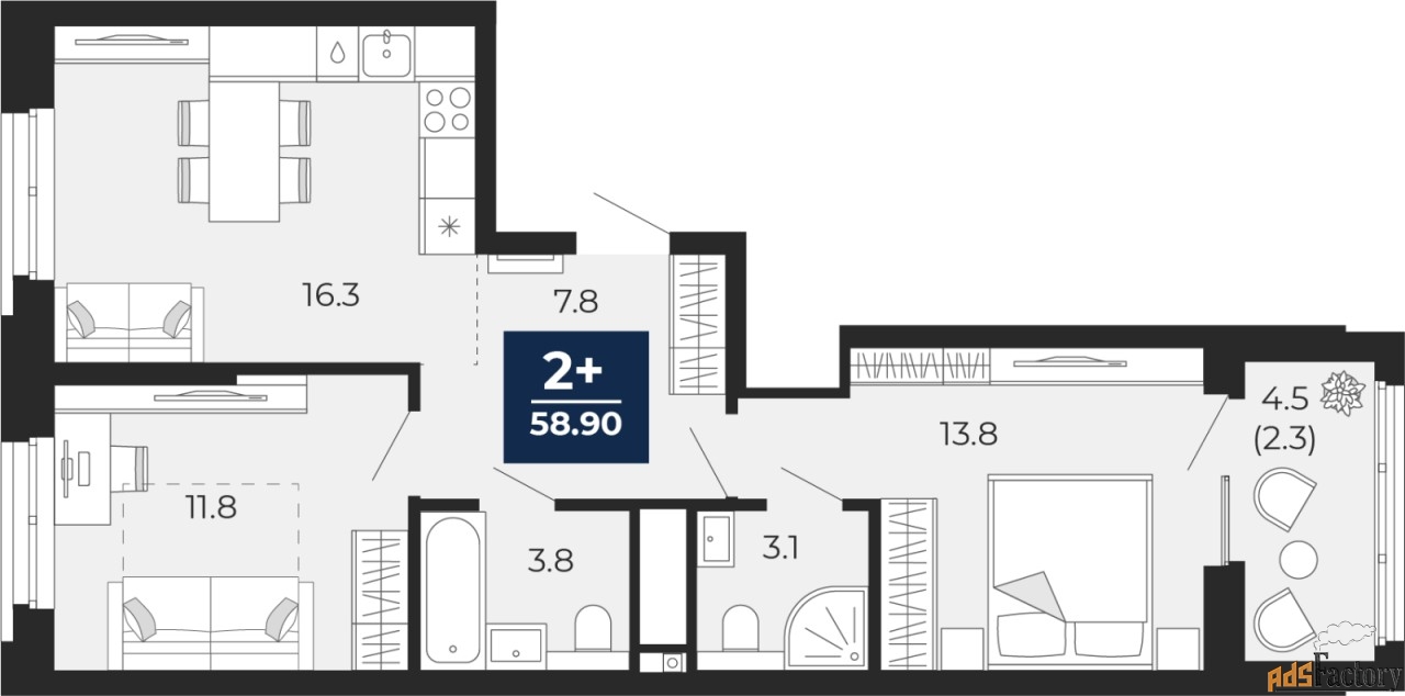 2 - комн.  квартира, 58.9 м², 11/18 эт.