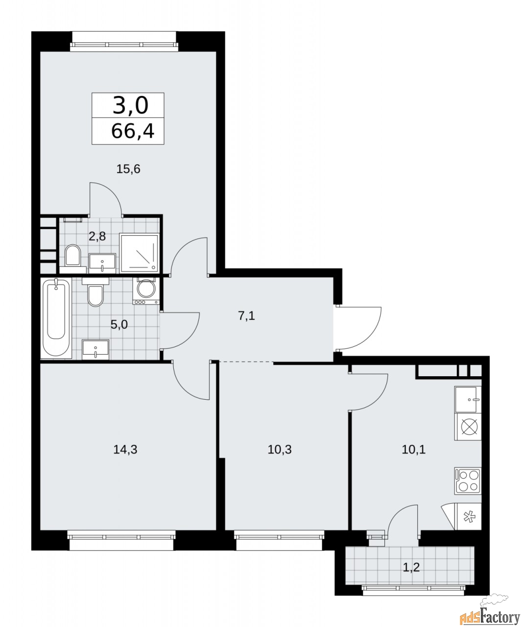 3 - комн.  квартира, 66.4 м², 12/12 эт.