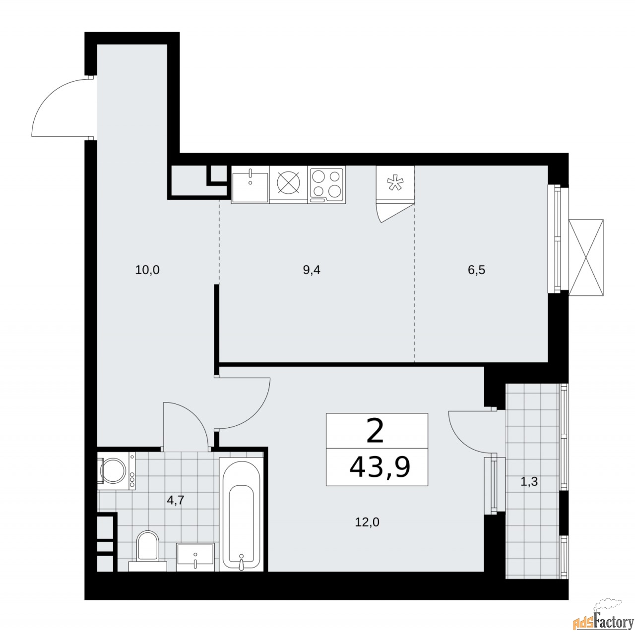 2 - комн.  квартира, 43.9 м², 12/12 эт.