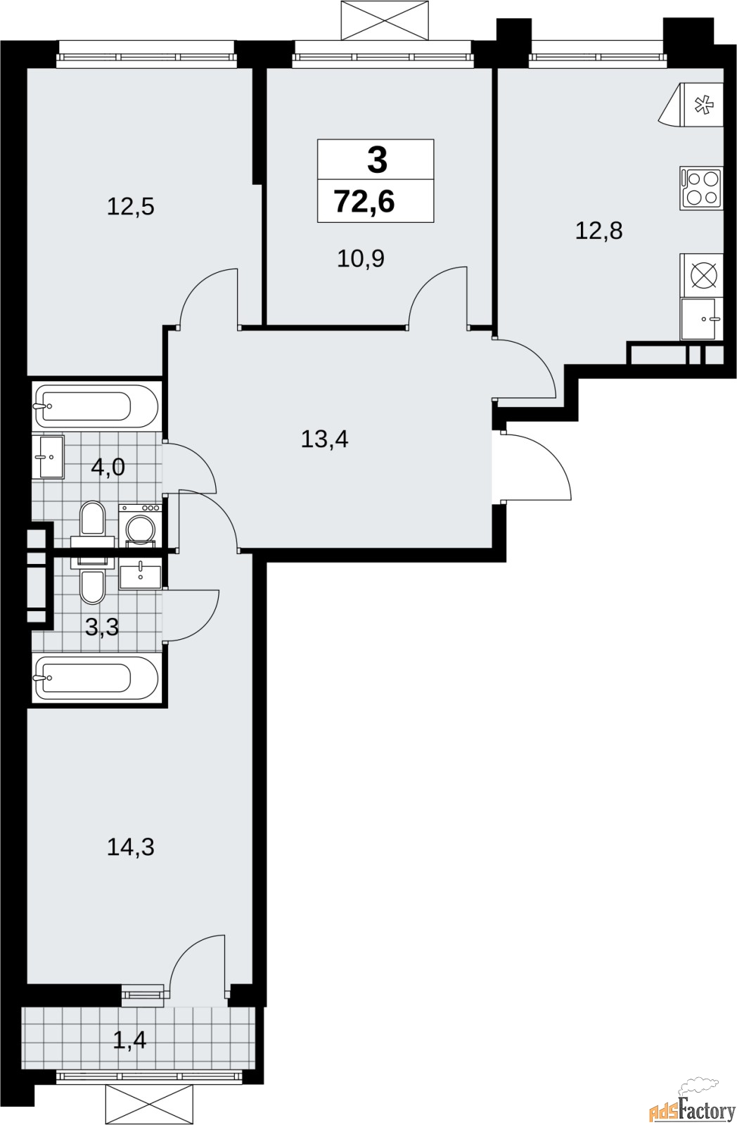 3 - комн.  квартира, 72.6 м², 12/12 эт.