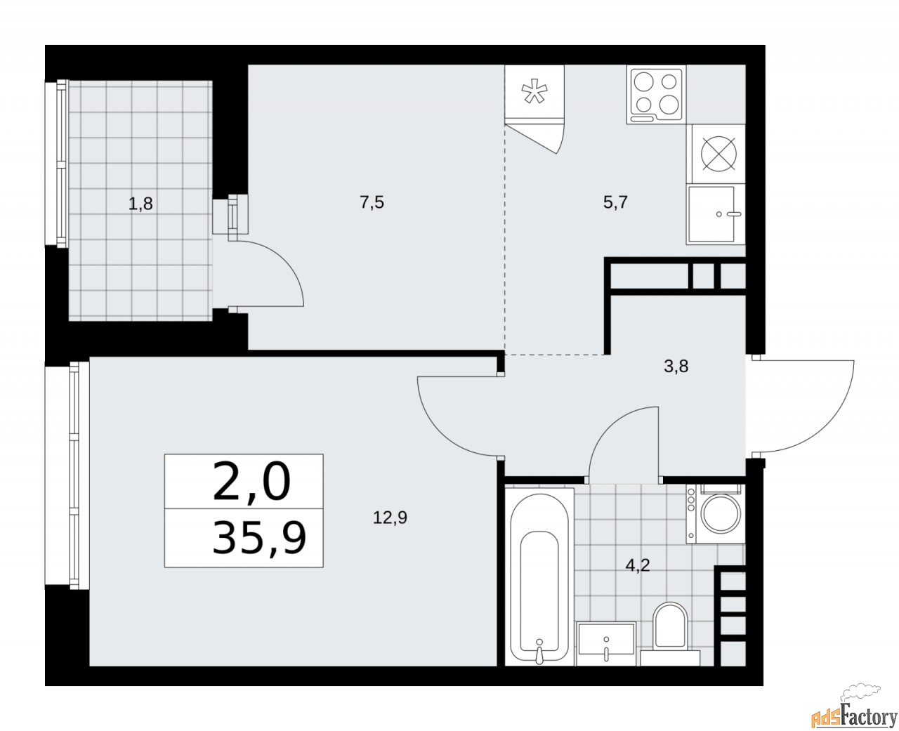 2 - комн.  квартира, 35.9 м², 18/24 эт.
