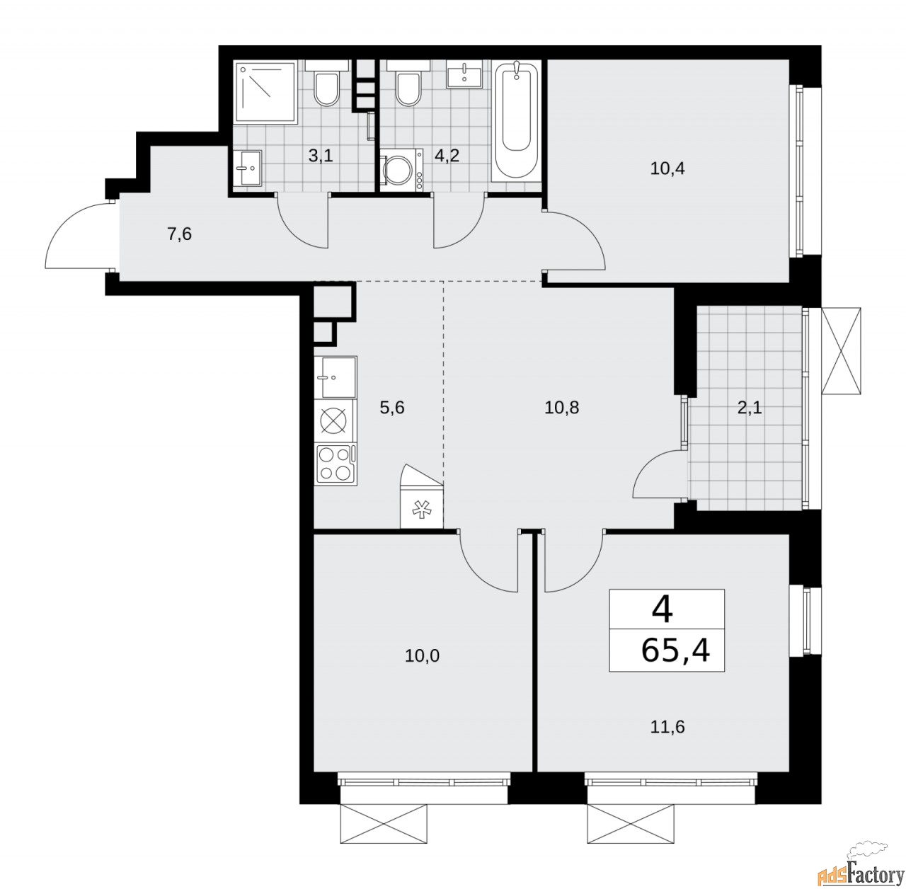 4 - комн.  квартира, 65.4 м², 14/15 эт.