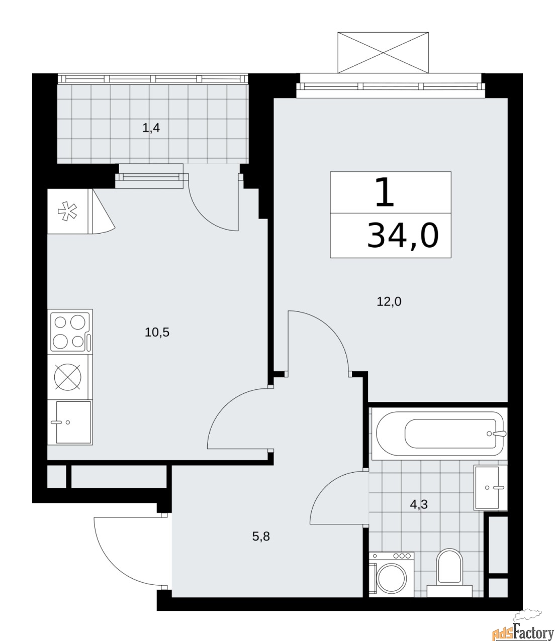 1 - комн.  квартира, 34 м², 12/17 эт.
