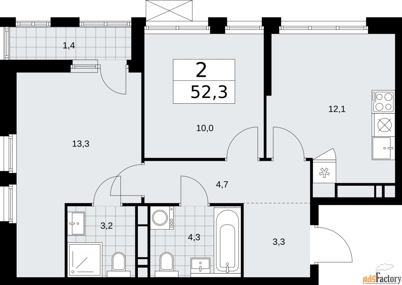 2 - комн.  квартира, 52.3 м², 18/18 эт.