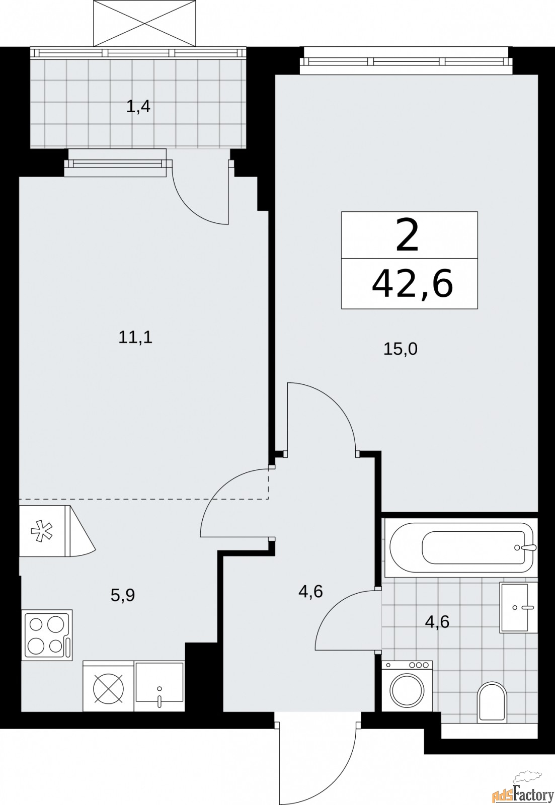 2 - комн.  квартира, 42.6 м², 17/19 эт.