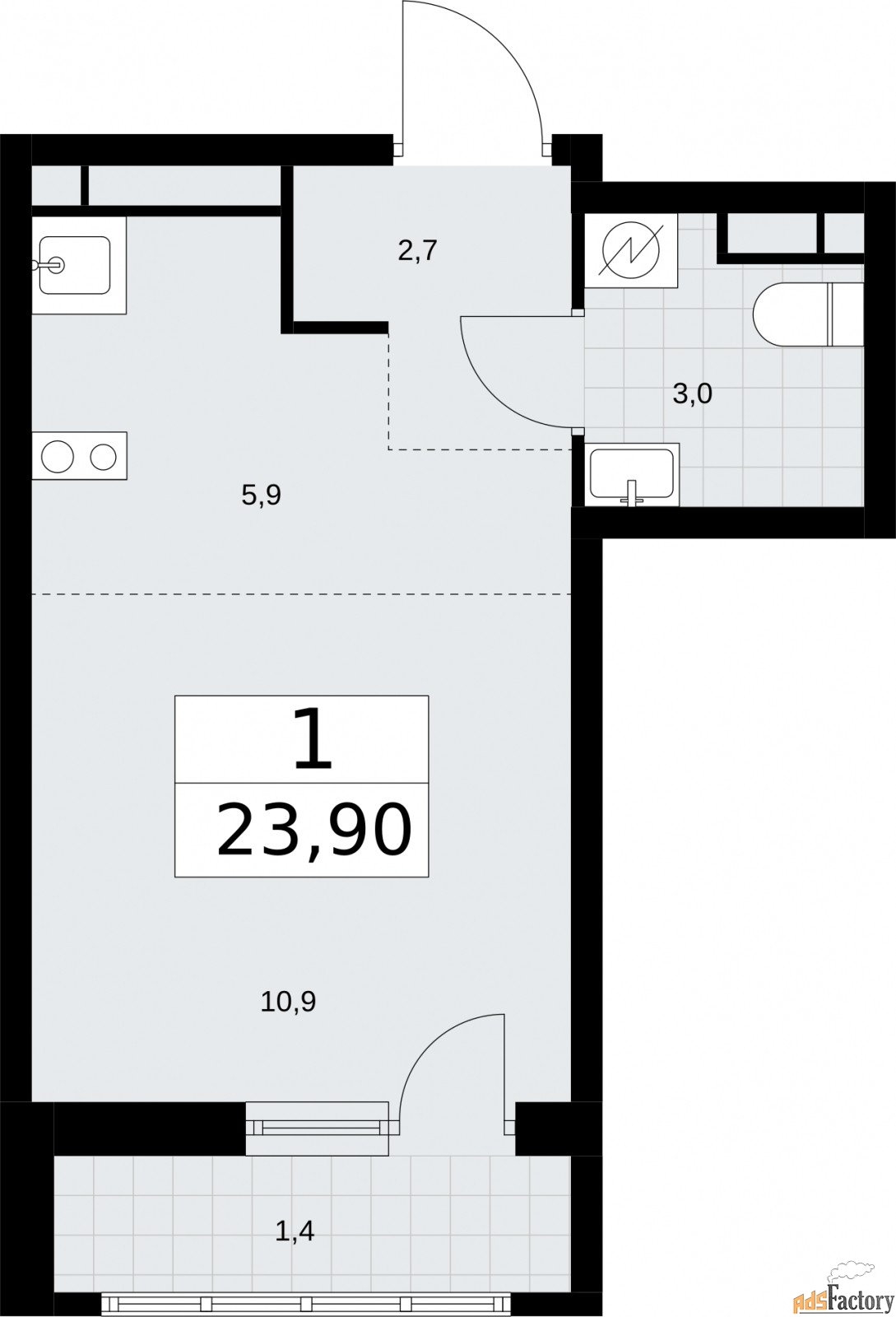 1 - комн.  квартира, 23.9 м², 5/9 эт.