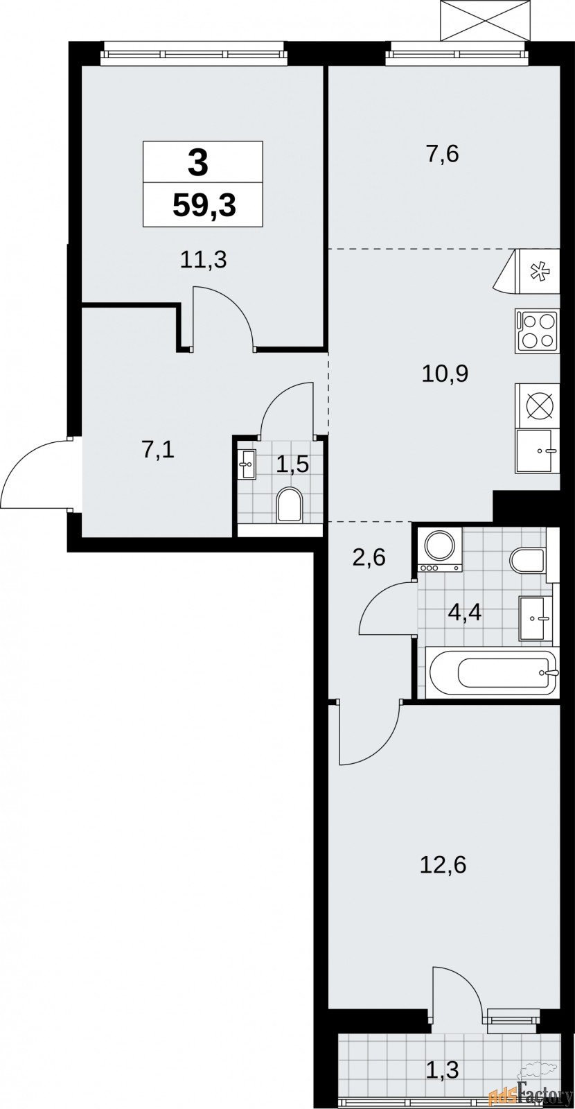 3 - комн.  квартира, 59.3 м², 19/19 эт.